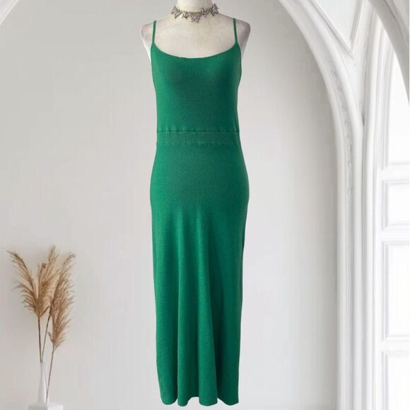Lalavon Soft Bright Green Preppy Coquette Ribbed Bodycon Maxi Midi Dress L - Picture 1 of 8